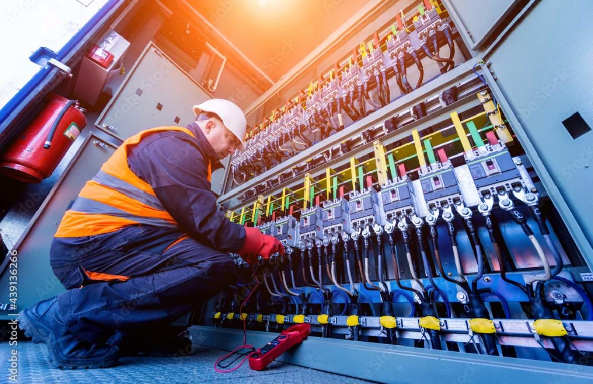 Electrical technician working on an industrial control panel